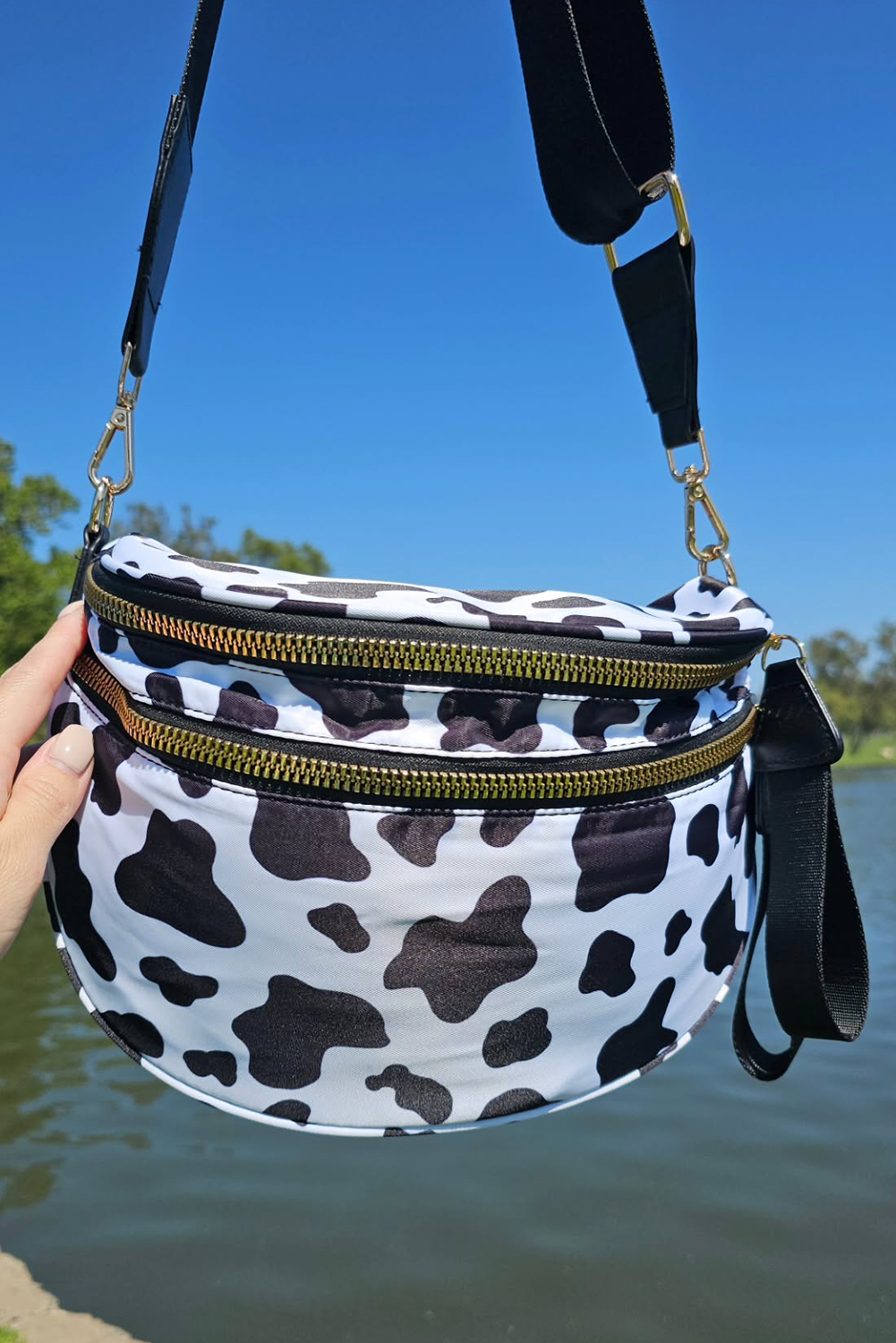 Jungle Green Double Zip Crescent Shape Adjustable Sling Bag