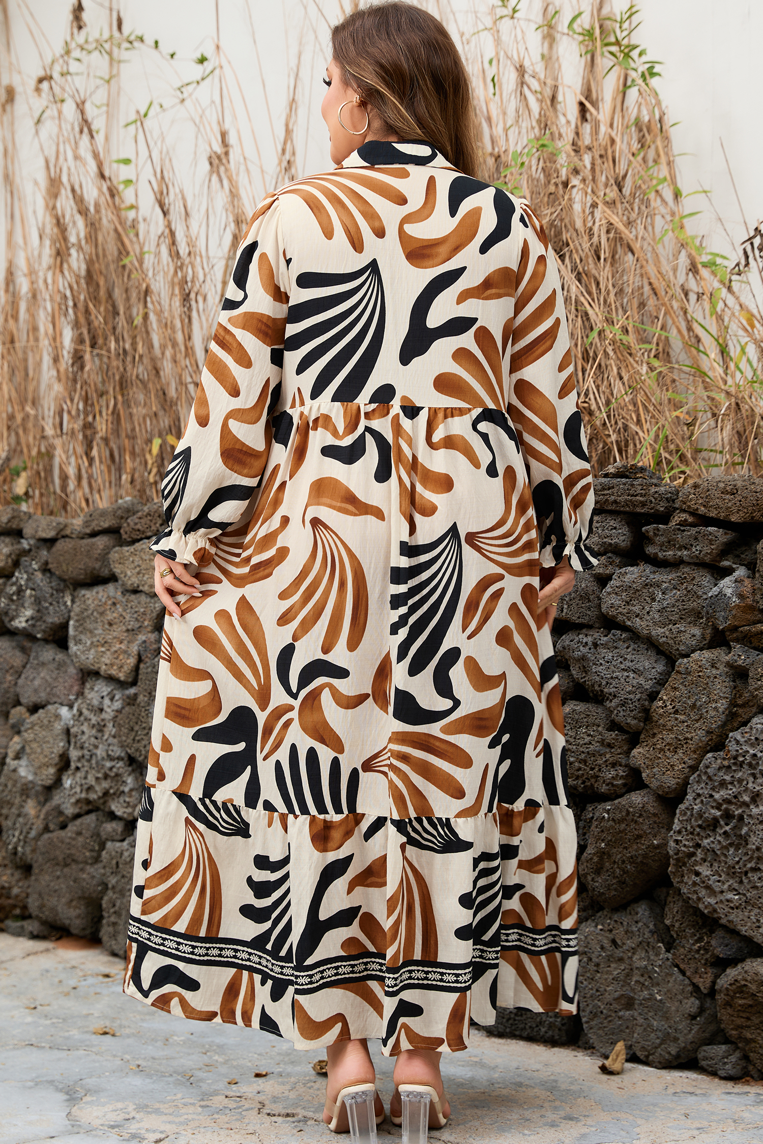 Brown Tropical Printed Contrast Trim Neck Long Sleeve Ruffle Hem Dress