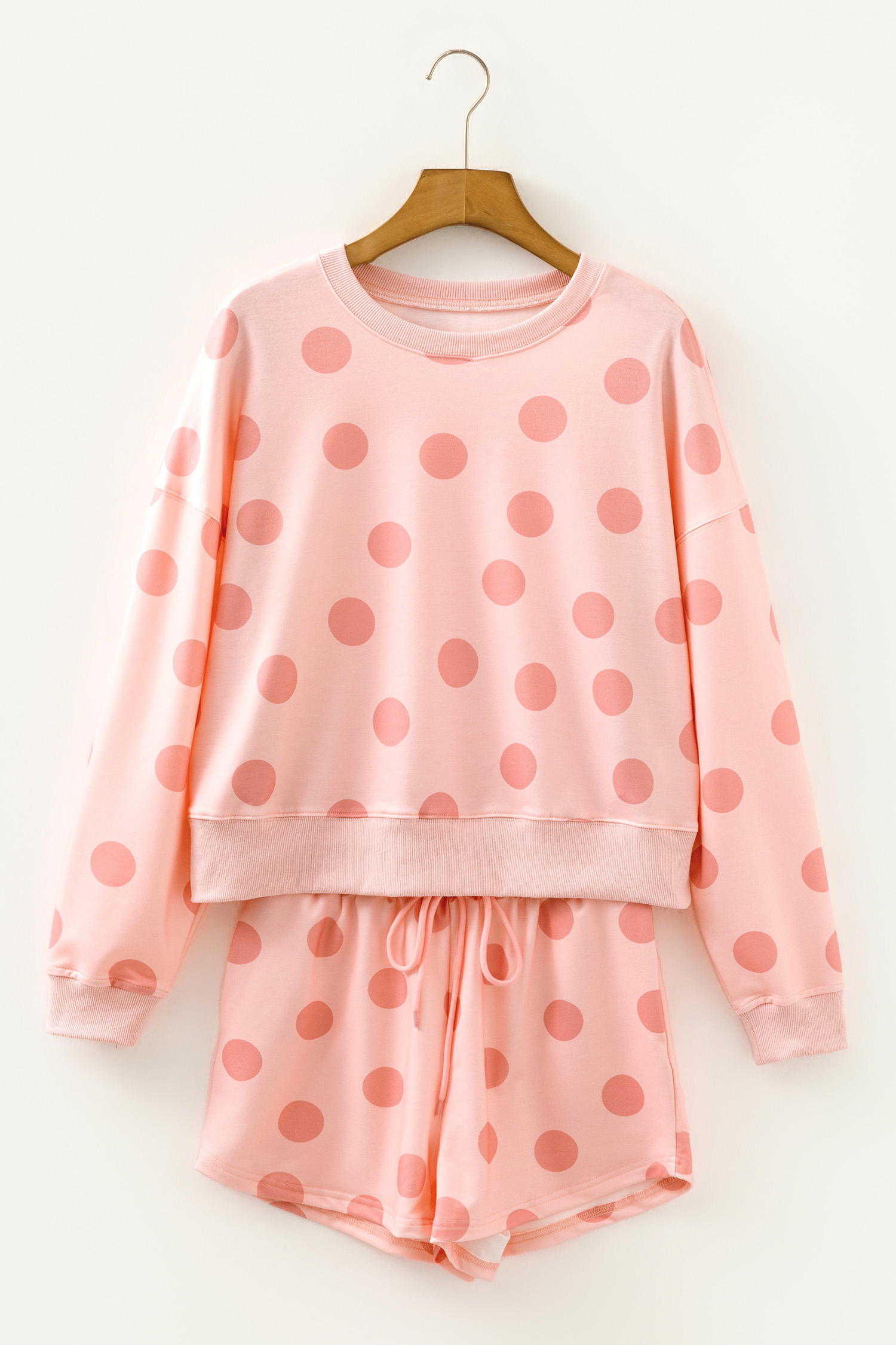 Beige Polka Dot Print Drop Shoulder Pullover Drawstring Jogger Pant Set