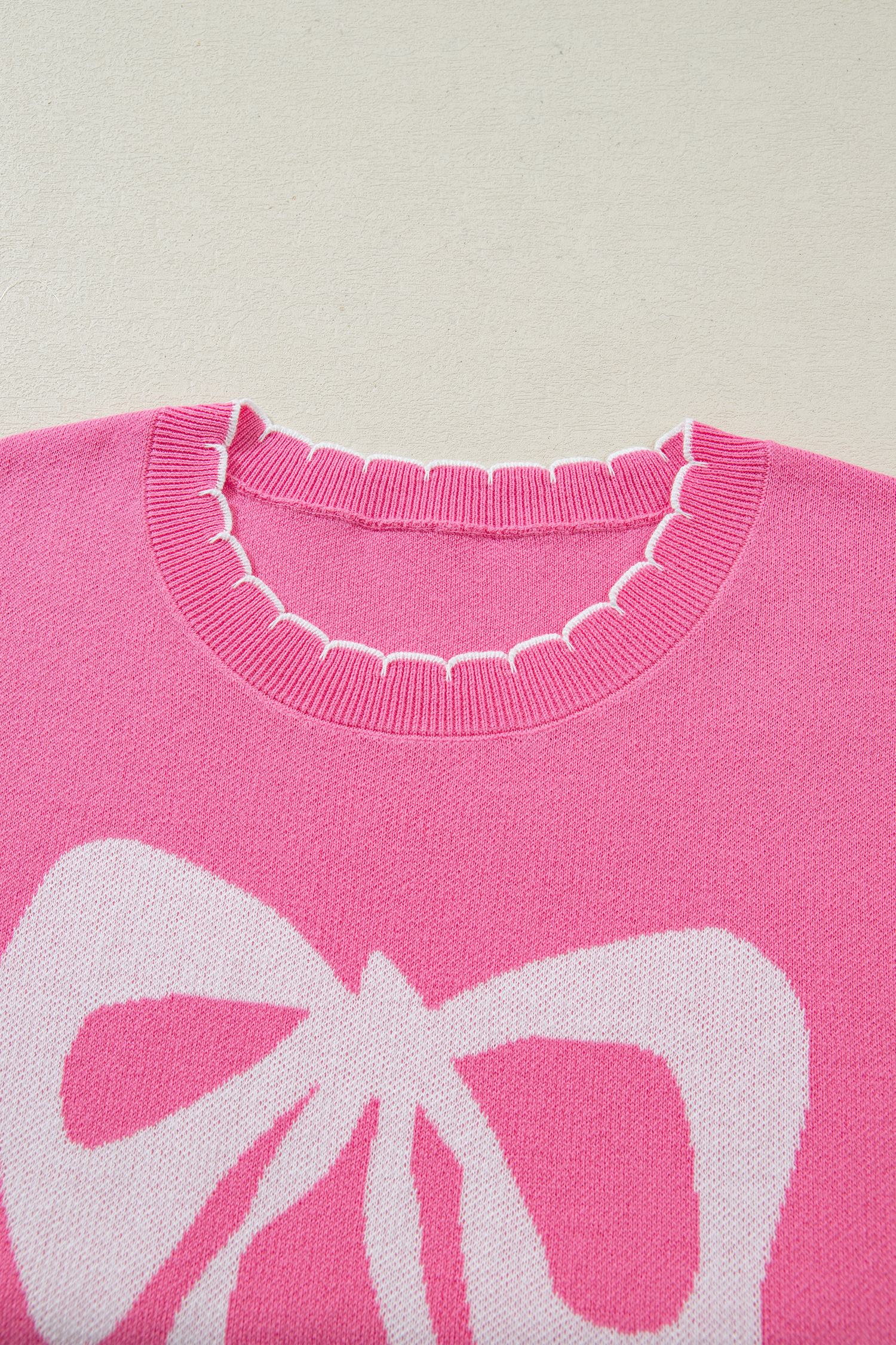 Sachet Pink Big Ribbon Bow Print Contrast Stitch Trim Drop Shoulder Sweater