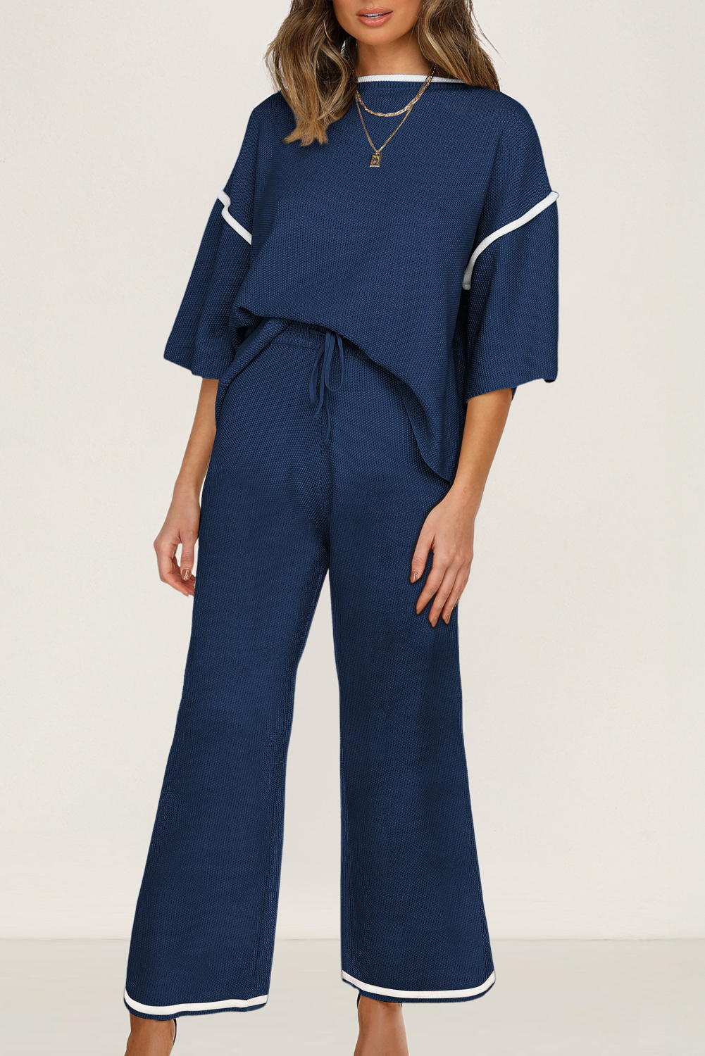 Blackish Green Contrast Trim Half Sleeve Top Drawstring Pants Loose 2pcs Sweater Suit