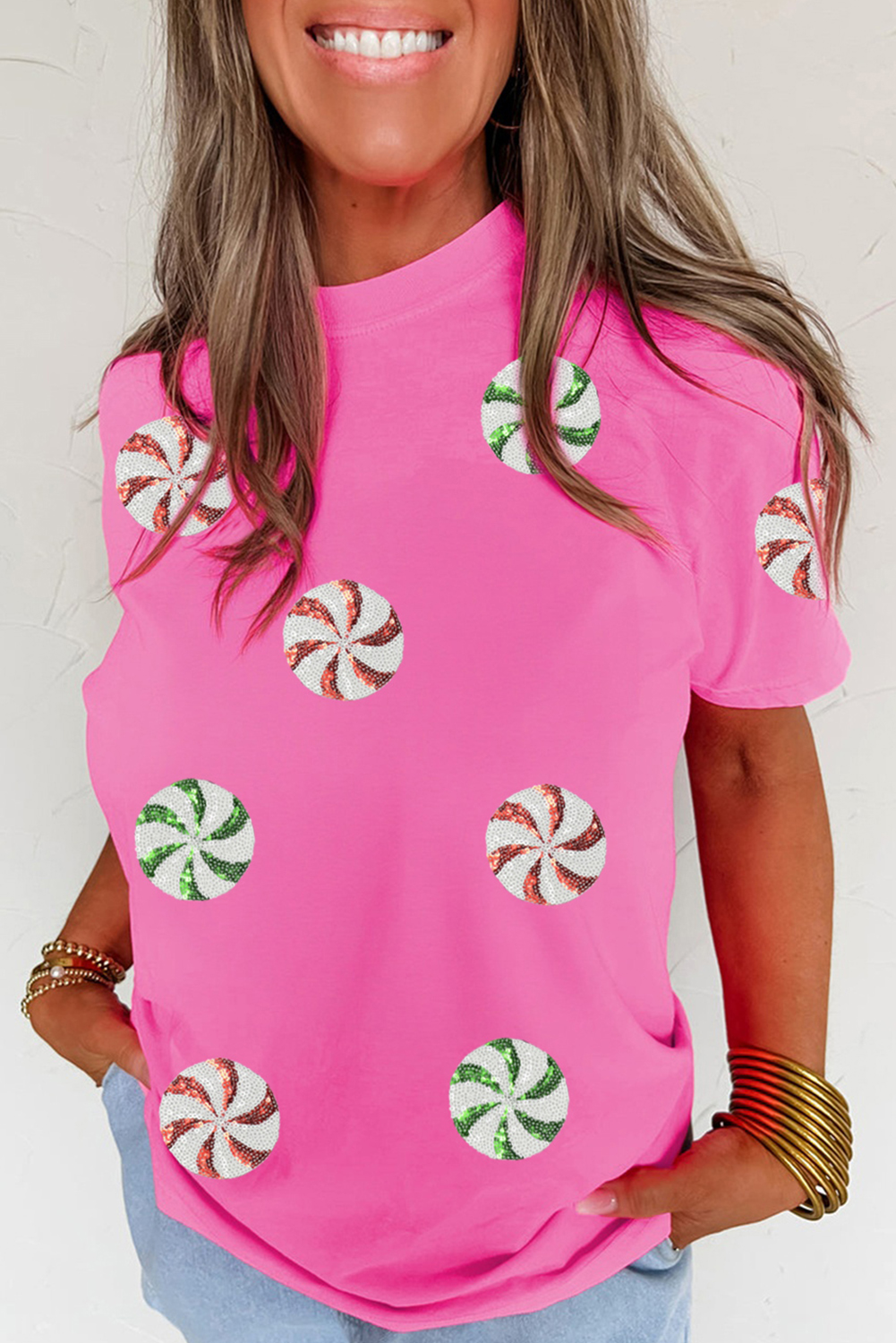 Sachet Pink Sequined Peppermint Pattern Christmas Custom T Shirt