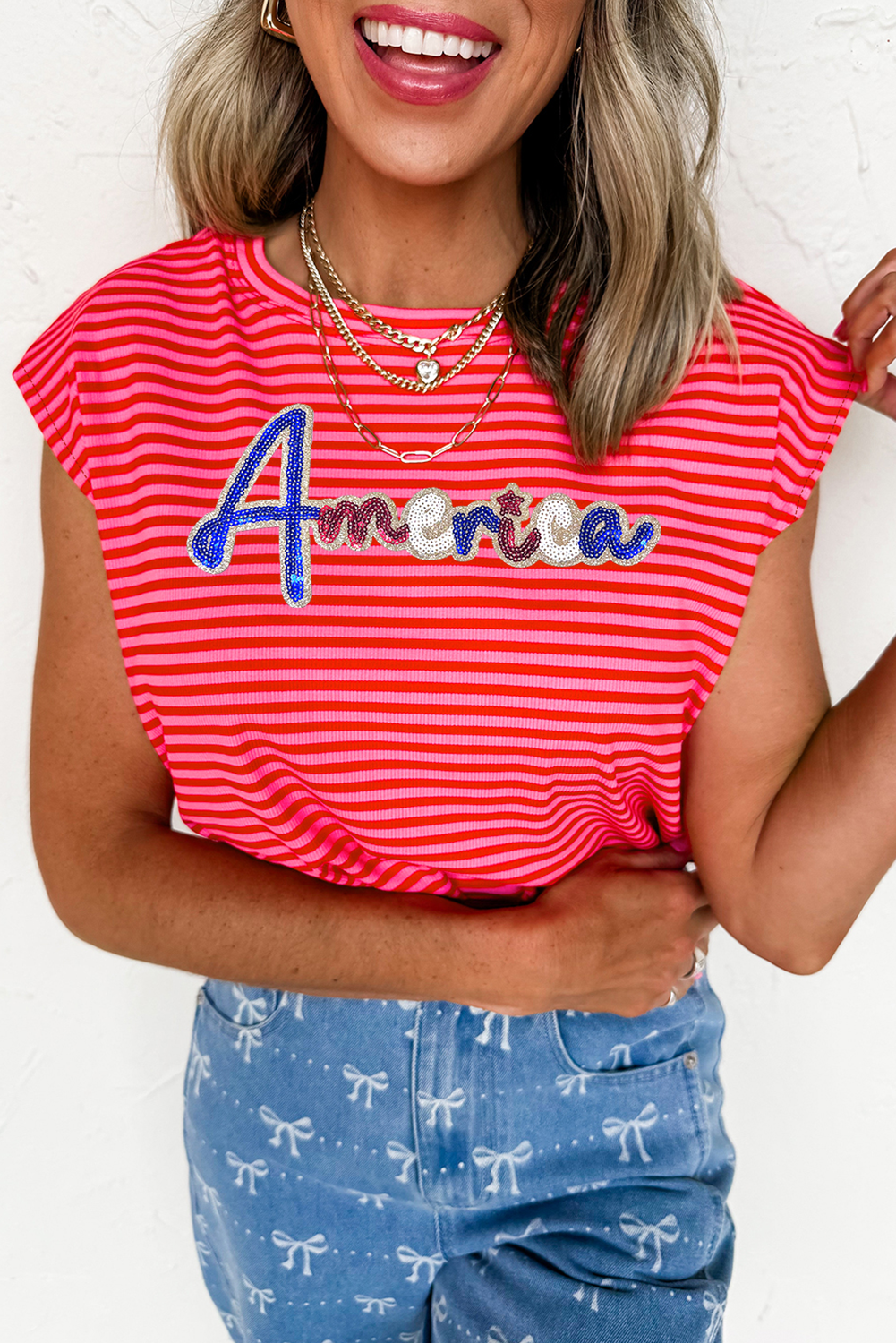 Sky Blue Stripe Ribbed Cap Sleeve Round Neck T Shirt