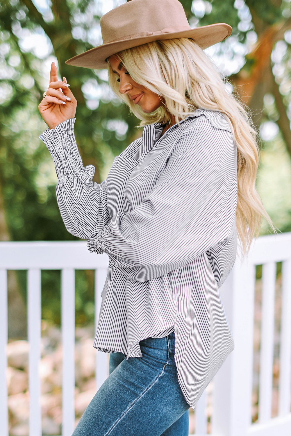 Red Stripe Smocked Cuffed Striped Boyfriend Shirt with Pocket