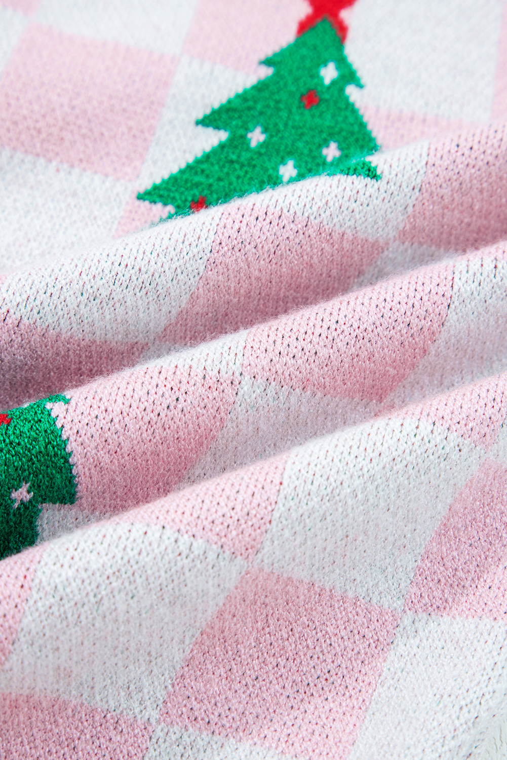 Pink Checkered Christmas Tree Pattern Button V Neck Cardigan Sweater