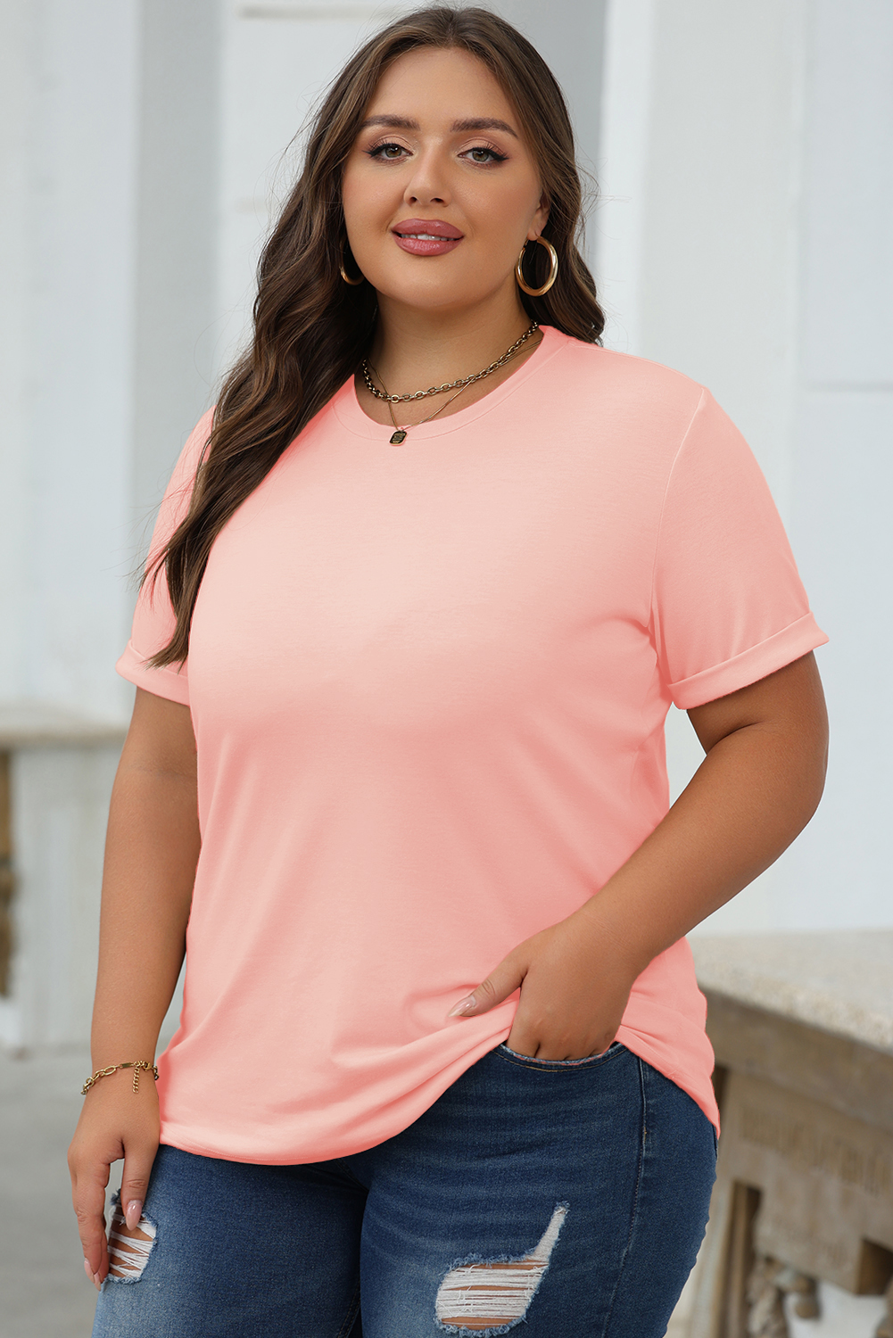 Khaki Casual Plain Crew Neck Tee
