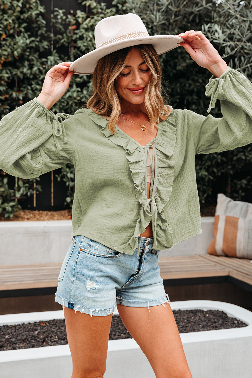 Meadow Mist Green Bow Tie Front Ruffle Trim V Neck Long Sleeve Gauze Blouse