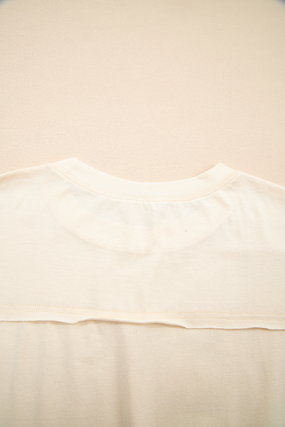 Apricot Flower Patched Exposed Stitching Trim Crew Neck Loose Tee