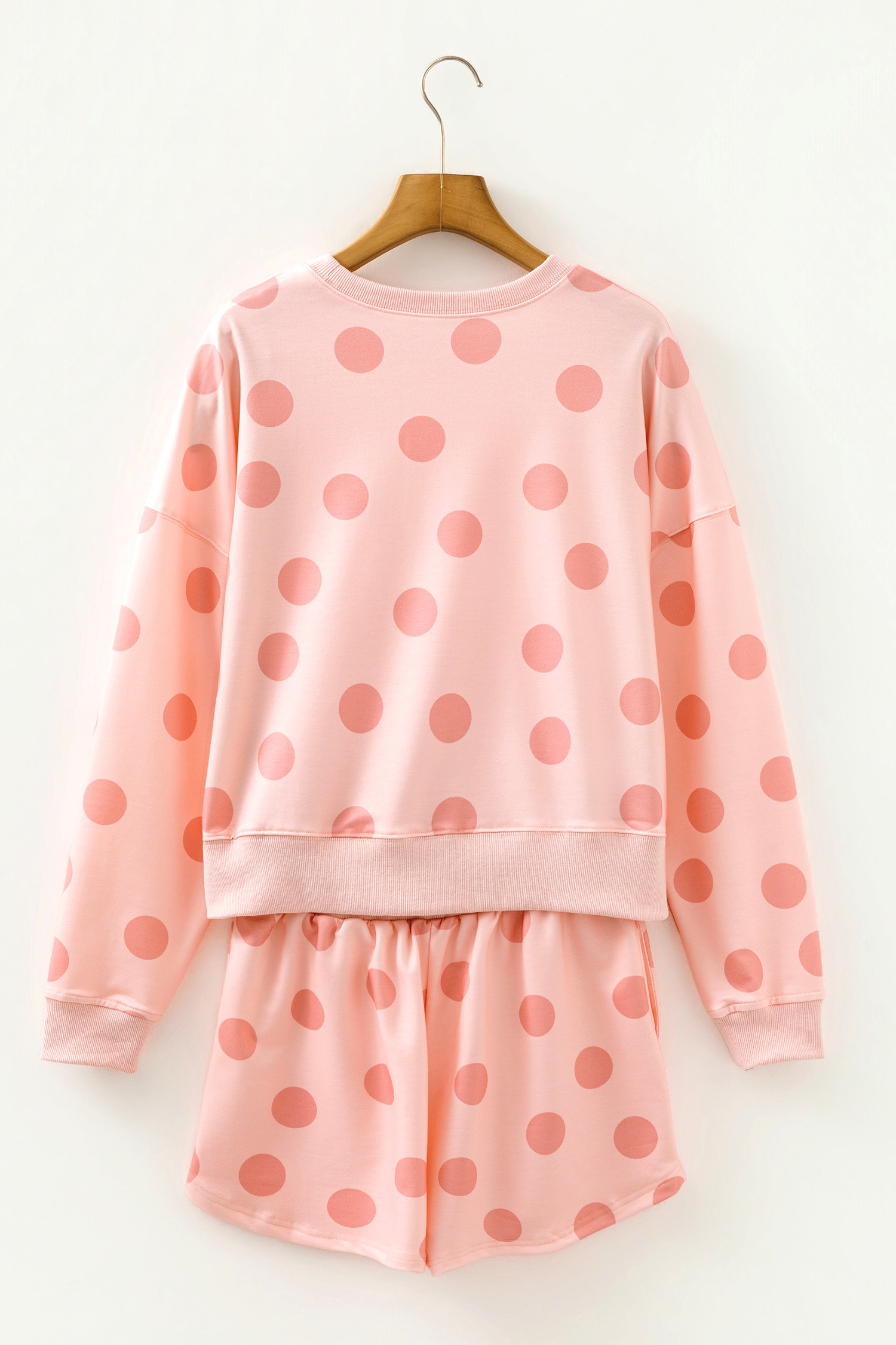 Beige Polka Dot Print Drop Shoulder Pullover Drawstring Jogger Pant Set