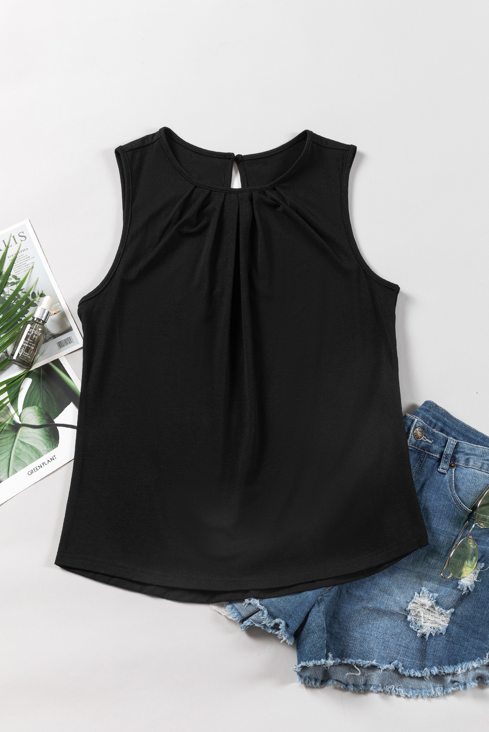 Gray Pleated Round Neck Sleeveless Top