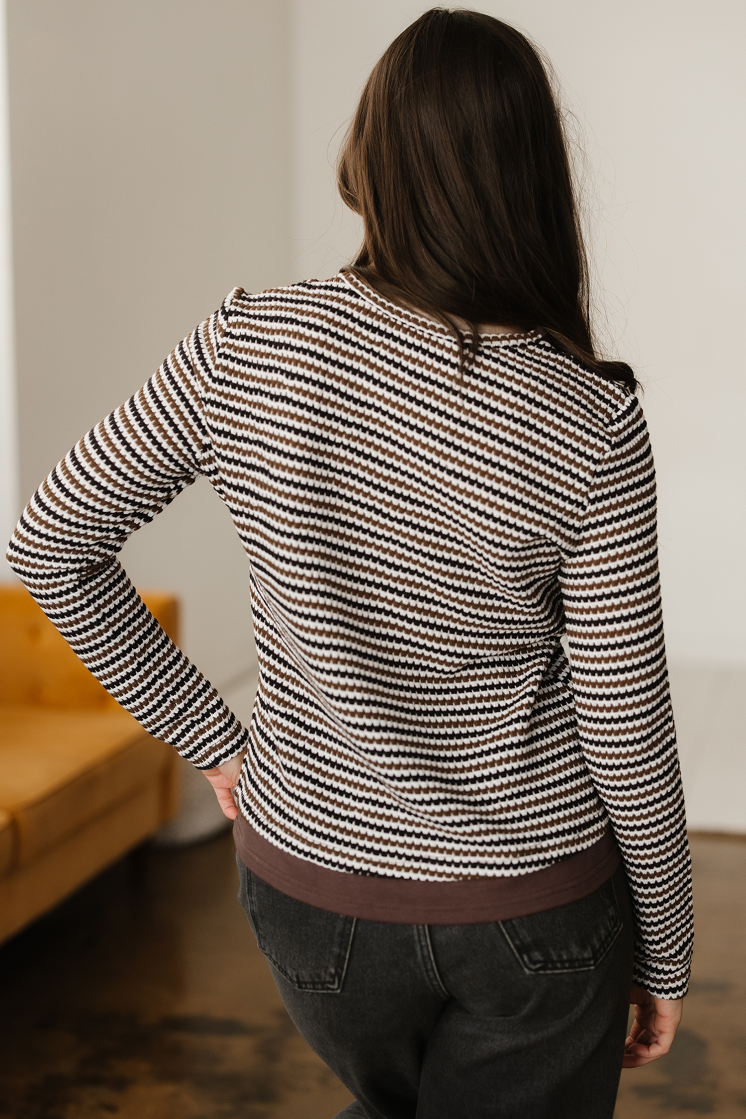 Brown Faux Two Piece Textured Striped Round Neck Long Sleeve T Shirt
