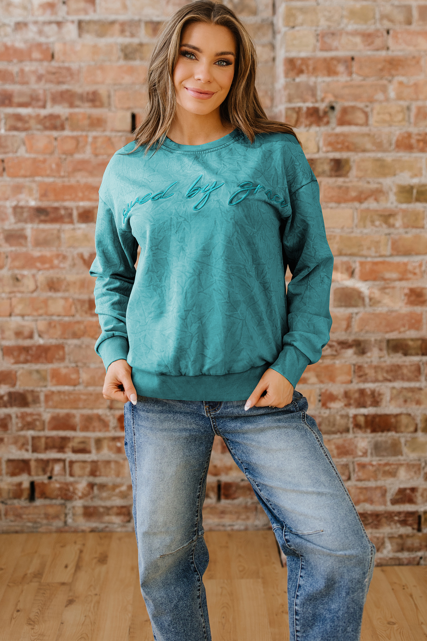 DUNE saved by grace Letter Embroidery Mineral Wash Loose Sweatshirt