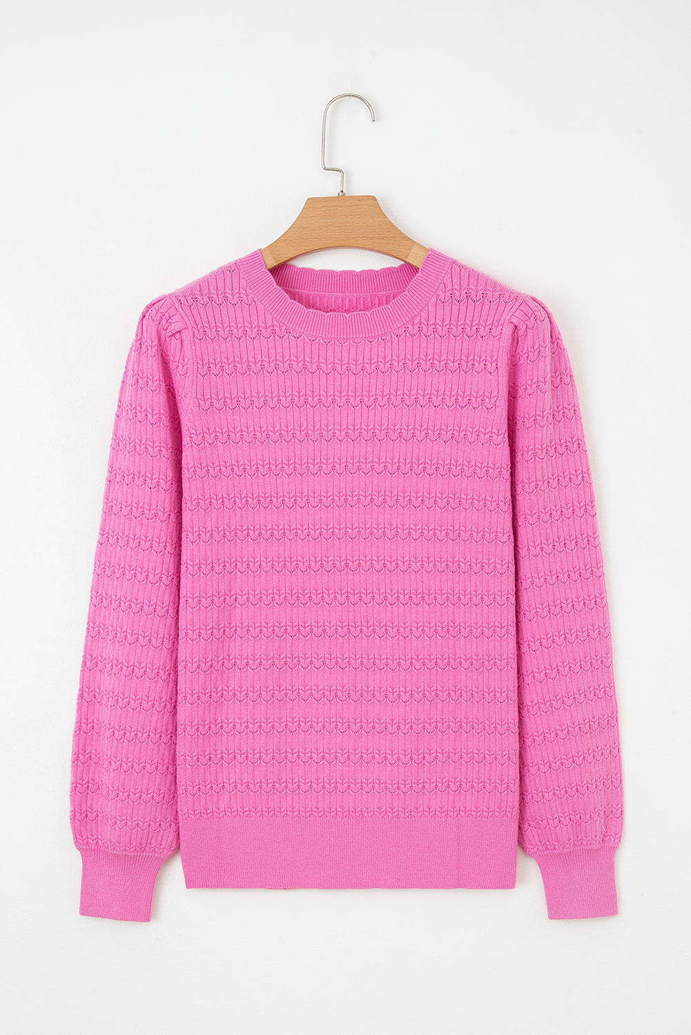 Fiery Red Trendy Pattern Knit Ribbed Cuffs Crew Neck Sweater