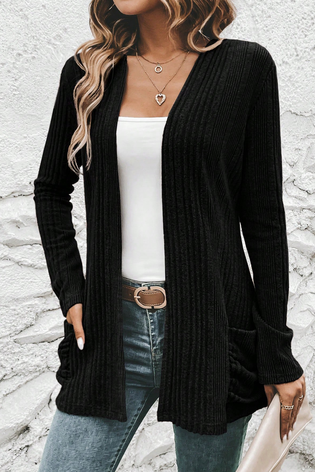 Stone Blue Ribbed Open Front Knitted Top with Pockets