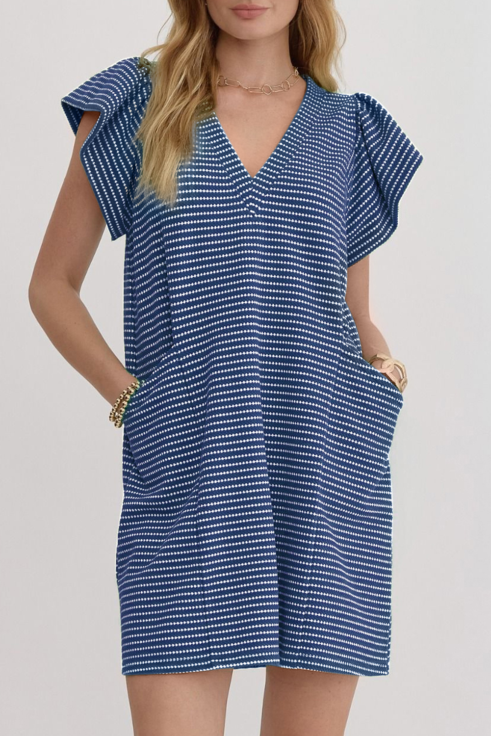 Blue Stripe Textured Knit V Neck Flutter Sleeve Shift Mini Dress