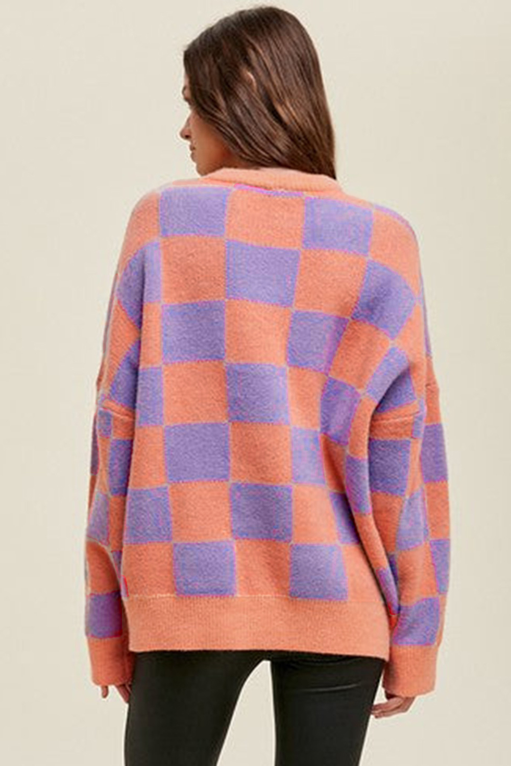 Parchment Checkered Pattern Ribbed Trim Knit Baggy Sweater