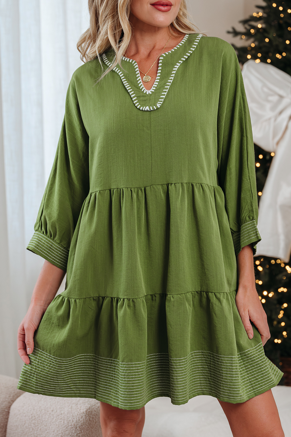 Black Contrast Stitched V Neck 3/4 Sleeve Tiered Mini Dress