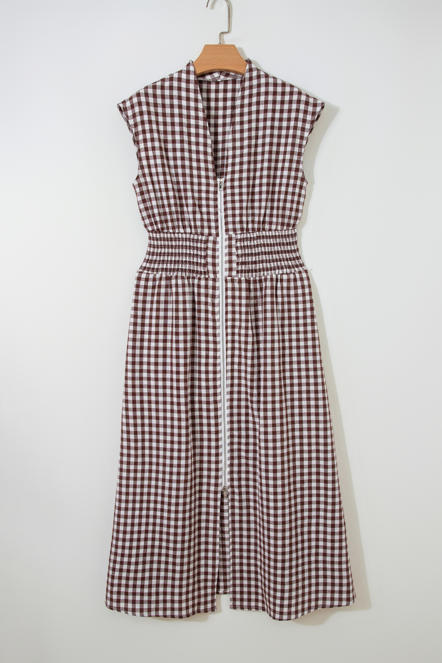Coffee Plaid Print Full Zipper Cinched Waist Fit Flare Sleeveless Maxi Dress