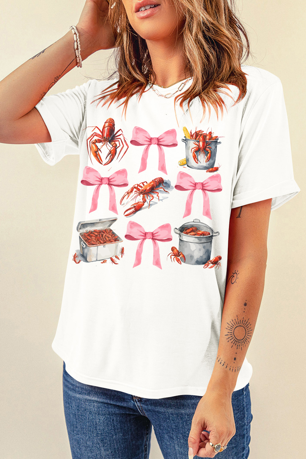 White Crawfish Boil Bow Graphic Crewneck Tee