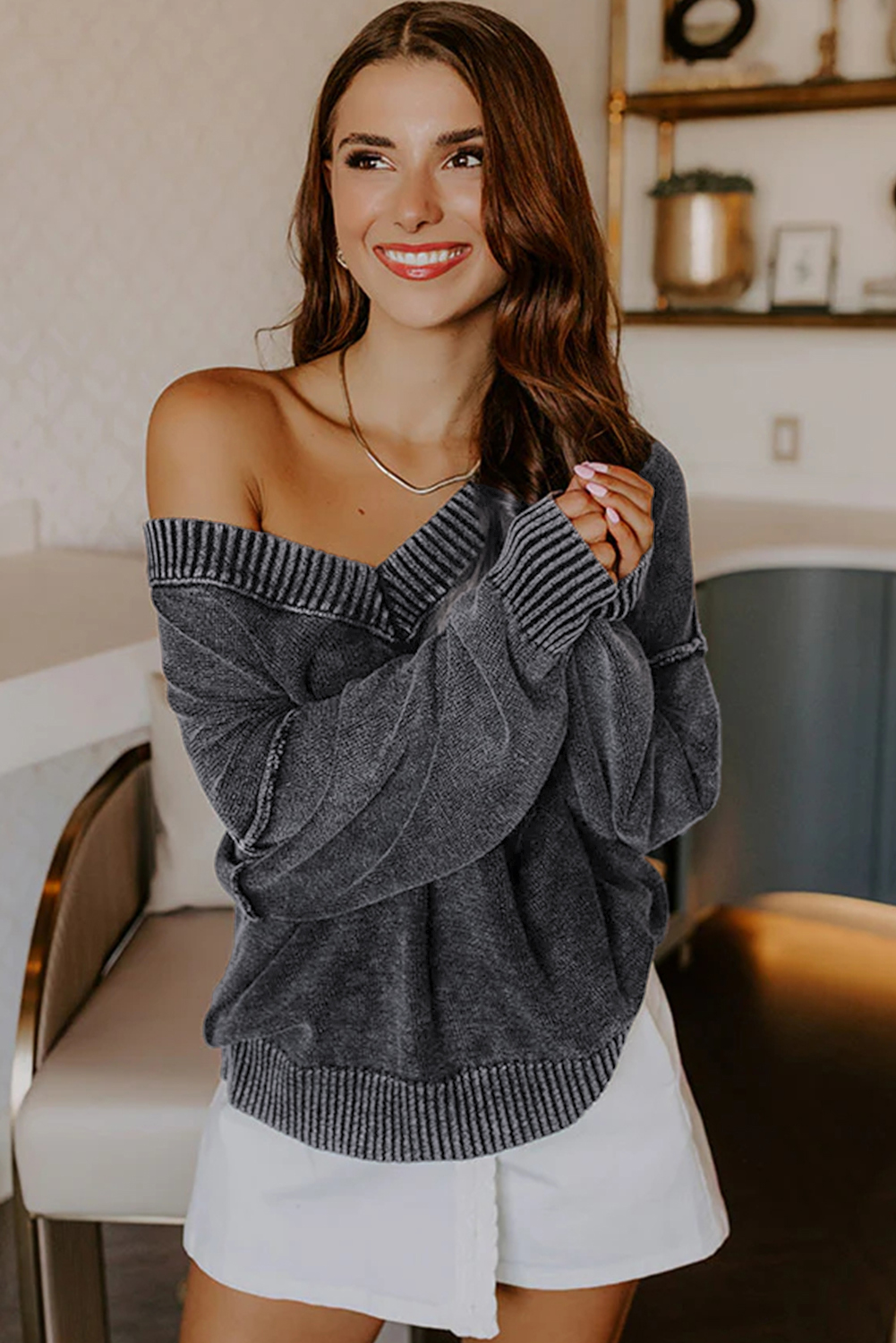 Four Leaf Clover Mineral Wash V Neck Knit Exposed Seam Drop Shoulder Loose Sweater