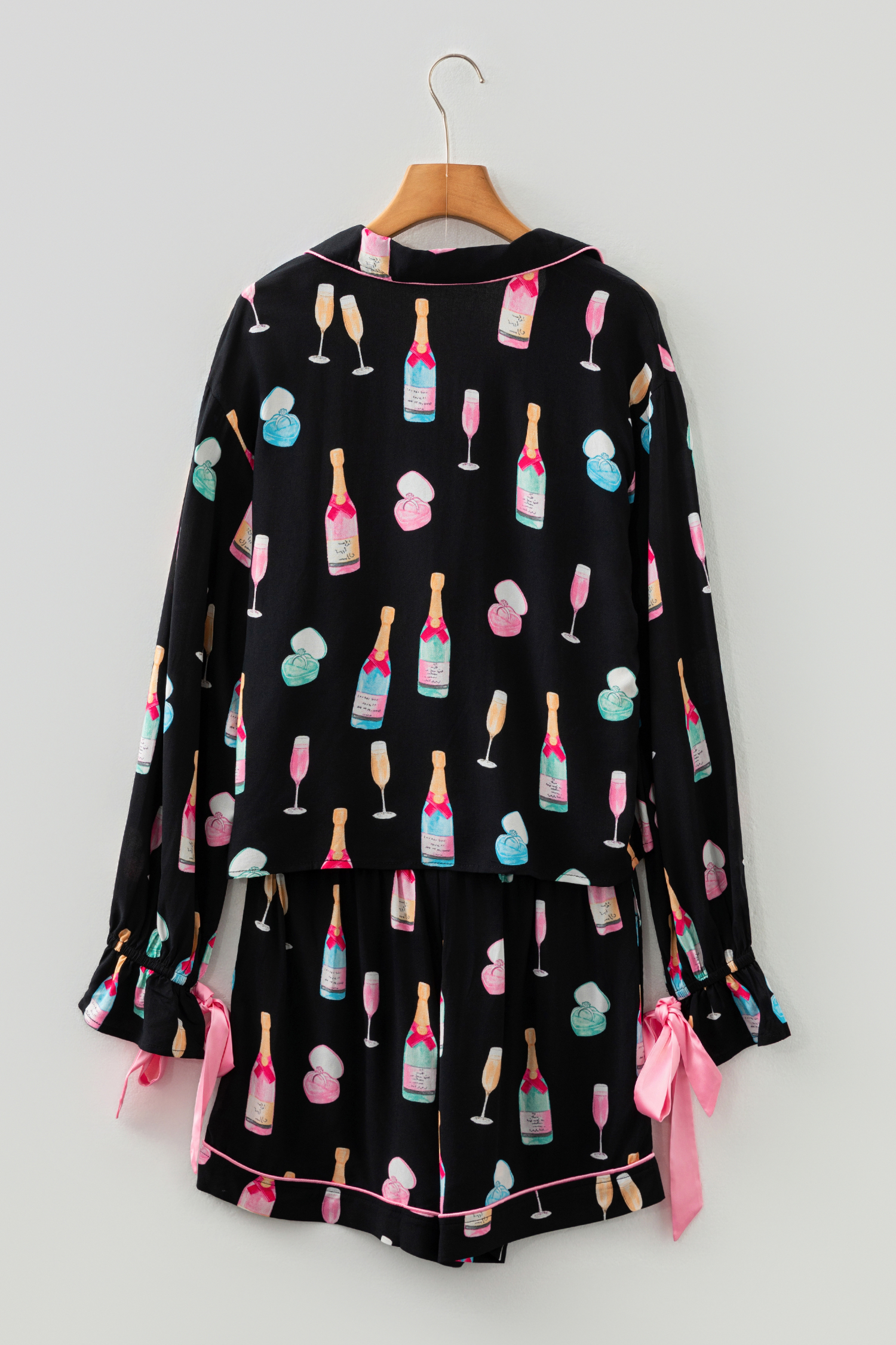 White Christmas Wine Glass Print Bow Knot Two Piece Pajama Set