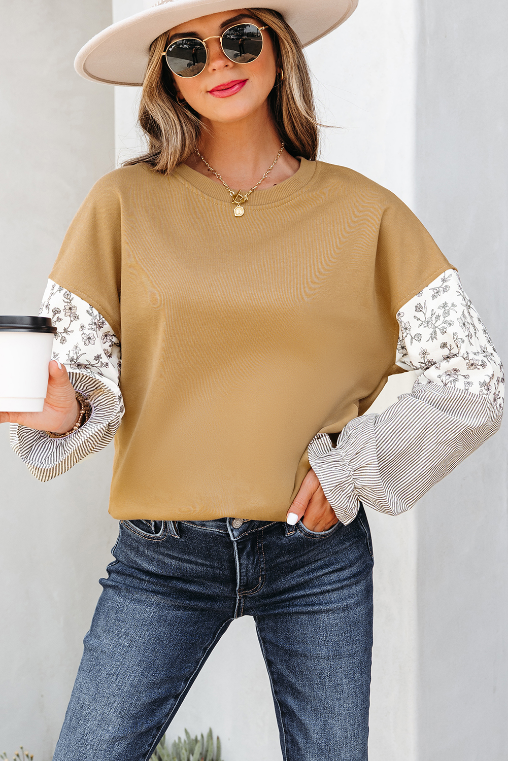Camel Floral Striped Patchwork Ruffled Sleeve Crew Neck Sweatshirt