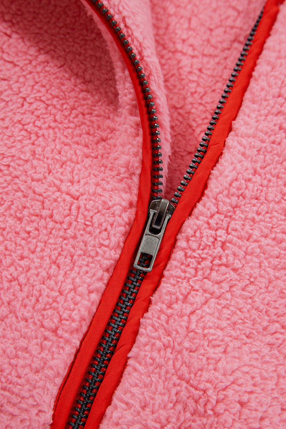 Strawberry Pink Sherpa Contrast Faux Leather Trim Half Zip Pocketed Pullover Sweatshirt