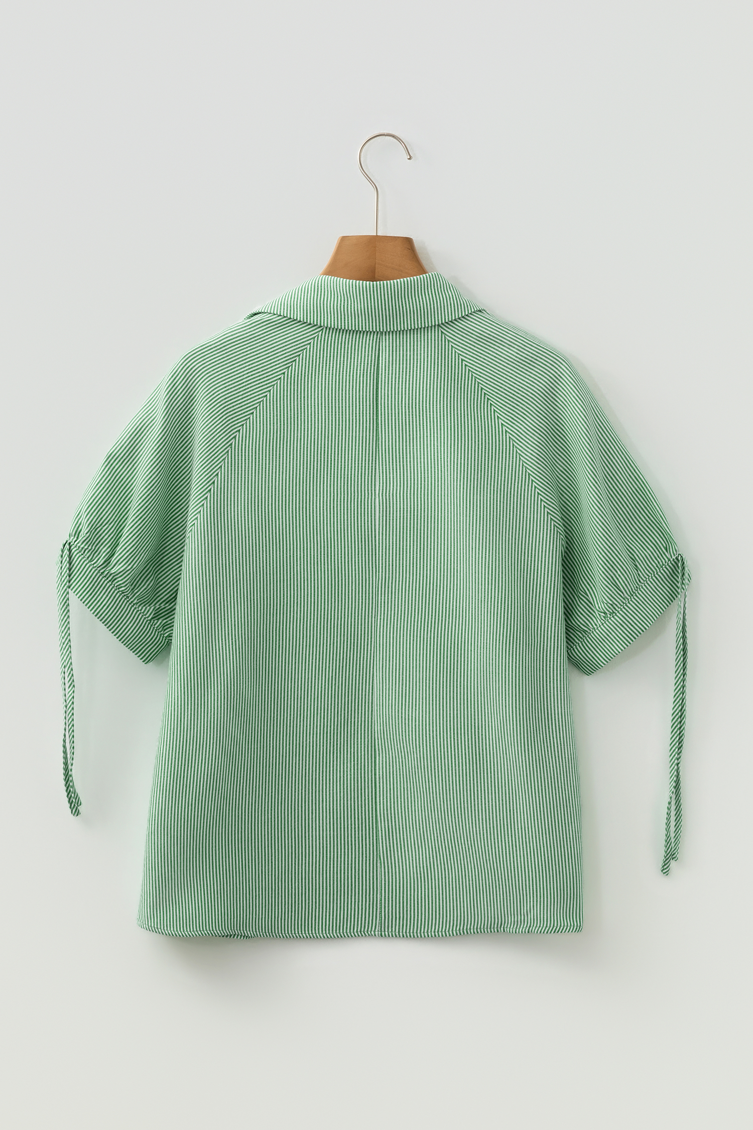 Mint Green Striped Print Collared Split Neck Half Sleeve Blouse