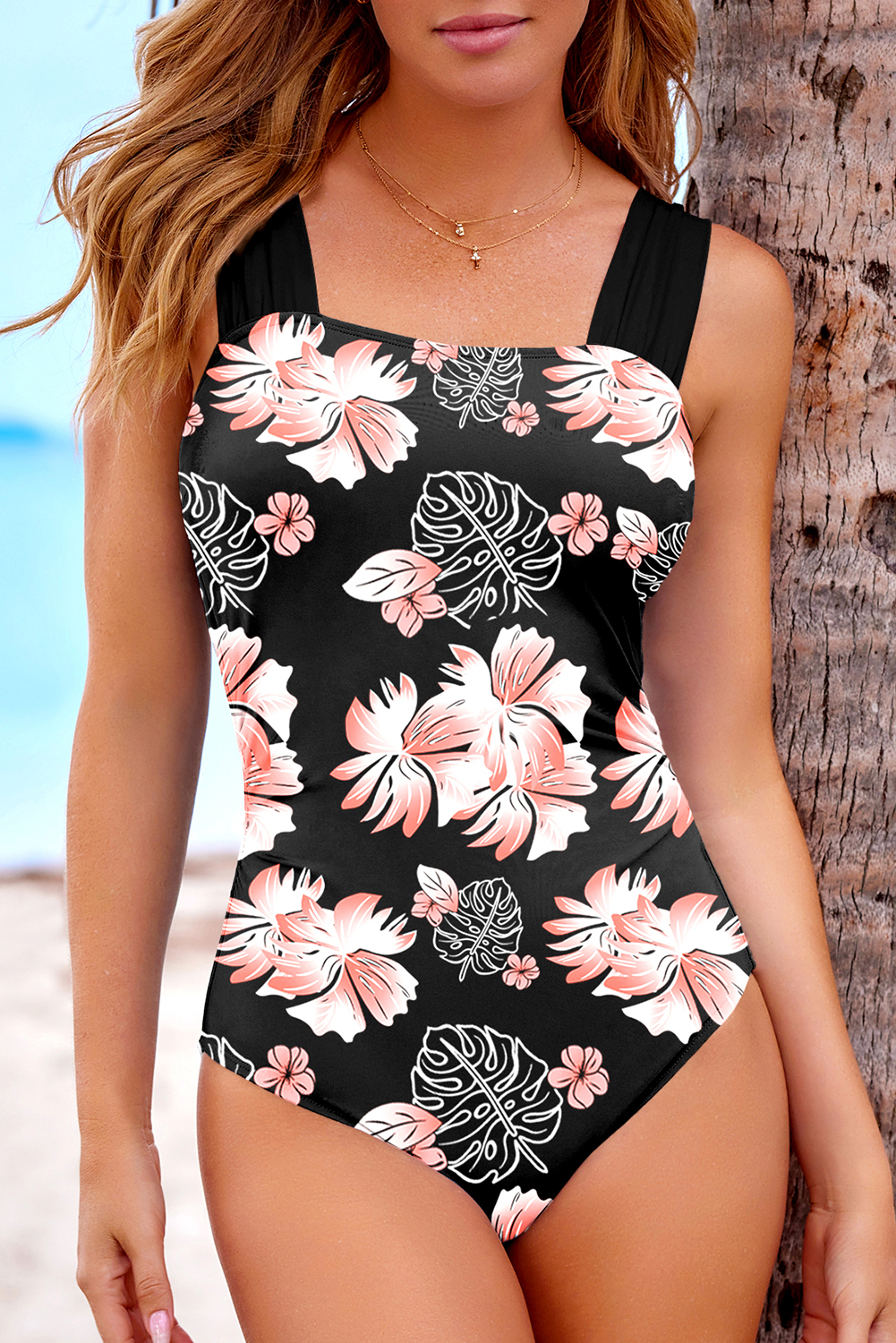 Black Square Neck Ruched Tommy Control One Piece Swimsuit