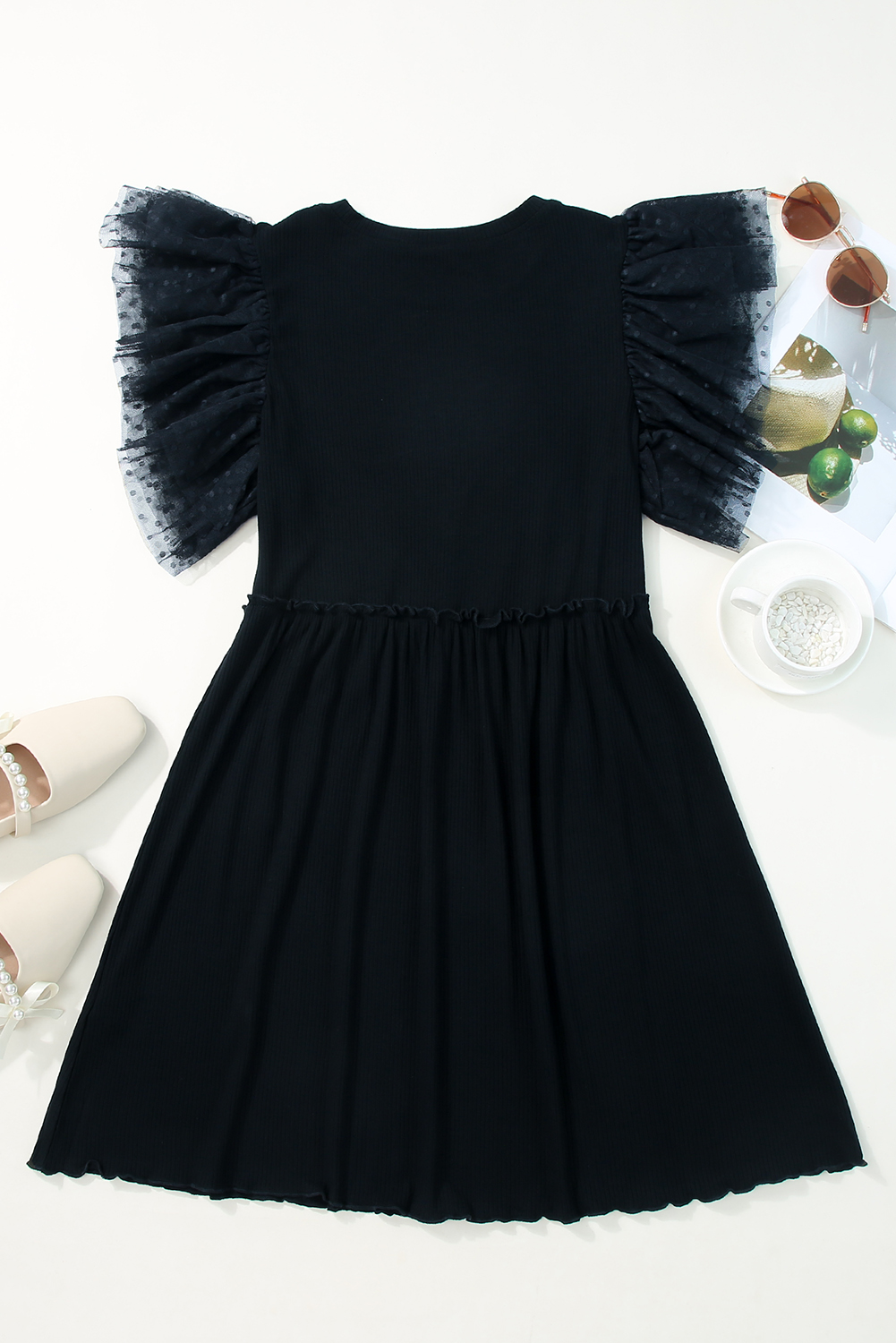Black Dotty Mesh Ruffle Sleeve Ribbed Knit Babydoll Mini Dress