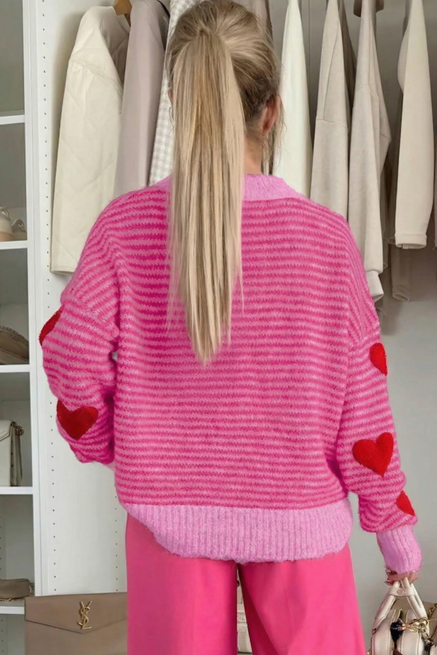 Gray Stripe Contrast Heart Pattern Valentine Knit Sweater