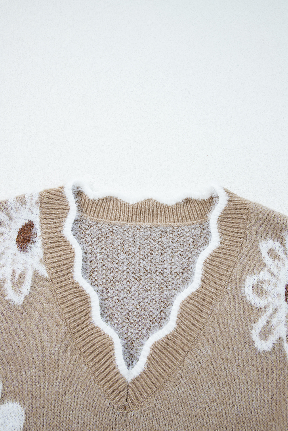 Smoke Gray Plush Flower Pattern Scalloped Trim V Neck Sweater