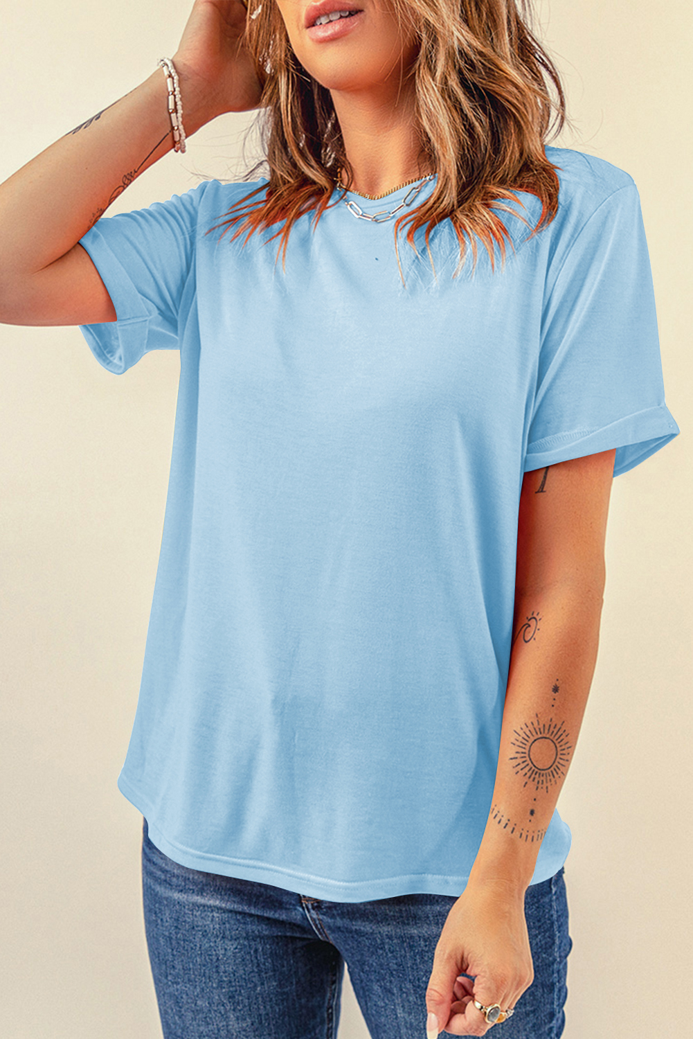 Khaki Casual Plain Crew Neck Tee