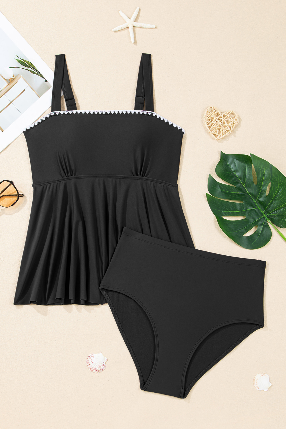 Black Spaghetti Straps Contrasted Ricrac Trim Flared Tankini 2pcs Swimsuit