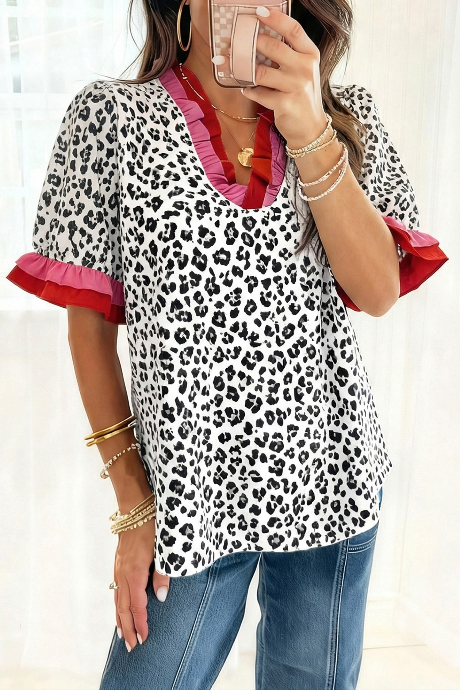 Gray Ruffled Trim V Neck Leopard Print Short Sleeve Blouse