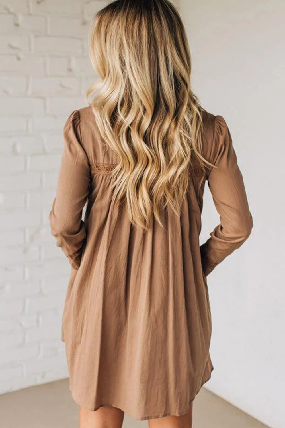 Straw Yellow Lace Trim Peter Pan Collar Long Sleeve Mini Shirt Dress