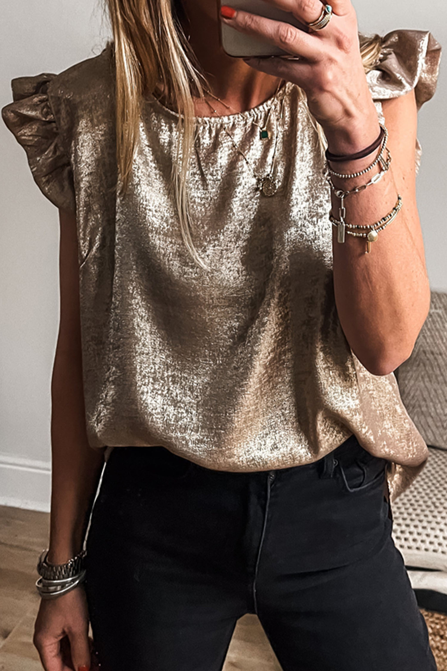 Apricot Metallic Round Neck Smocked Long Sleeve Blouse