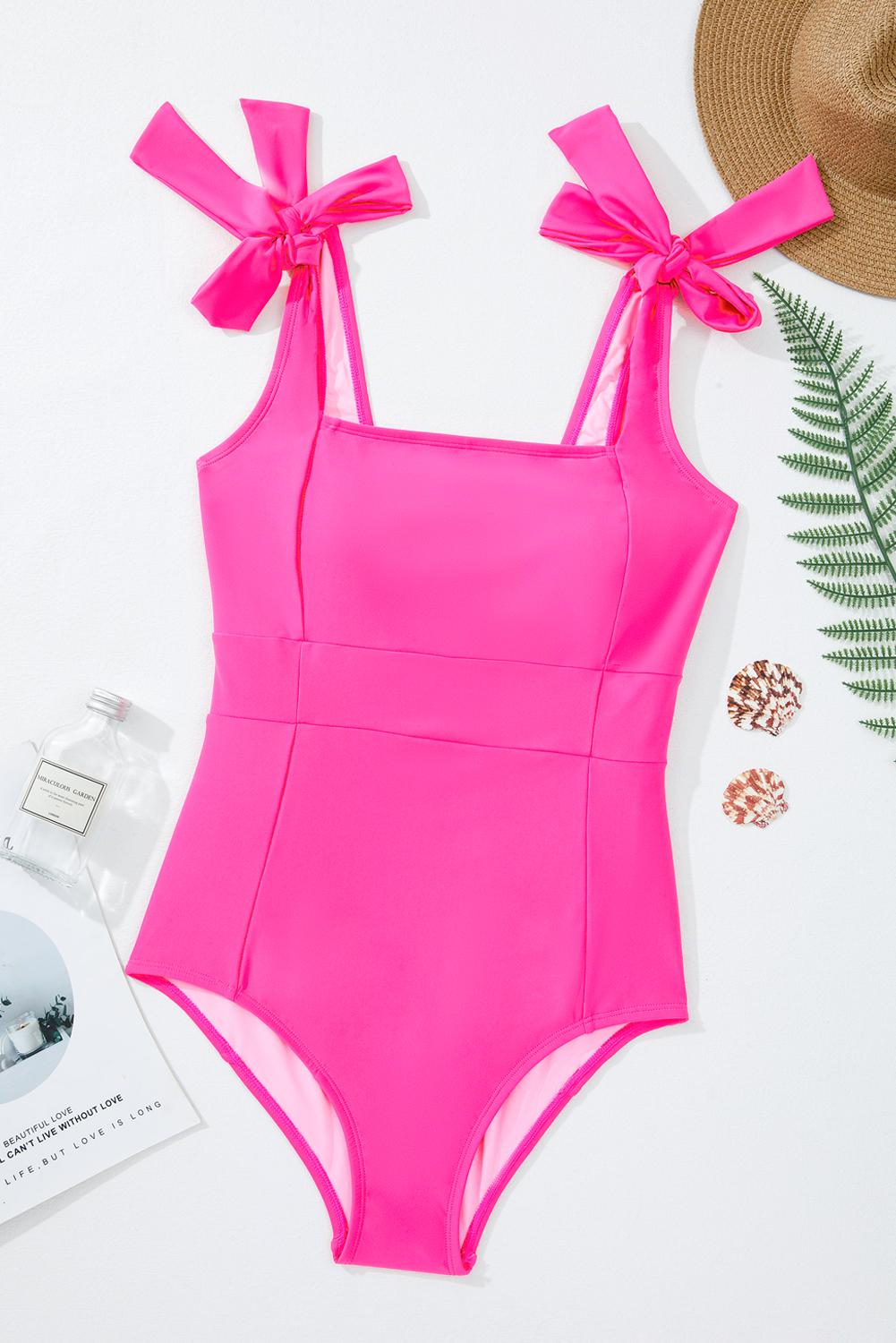 Dearlovers Rose Red Square Neck Knotted Shoulder Open Back One Piece Swimsuit