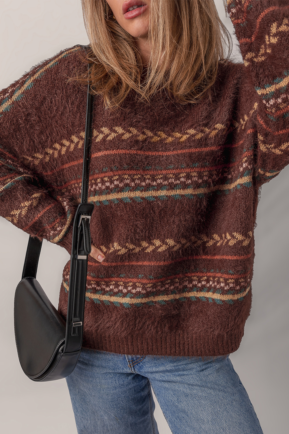Brown Ethnic Pattern Mohair Knitted Drop Shoulder Sweater