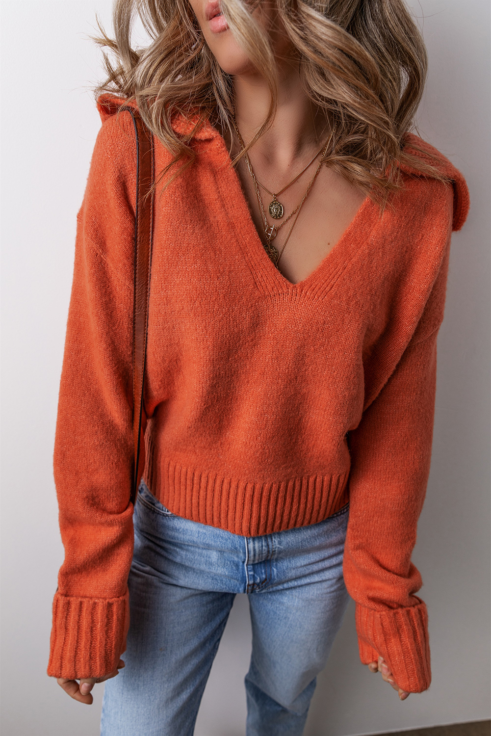 Racing Red Collared V Neck Ribbed Edge Sexy Elegant Sweater