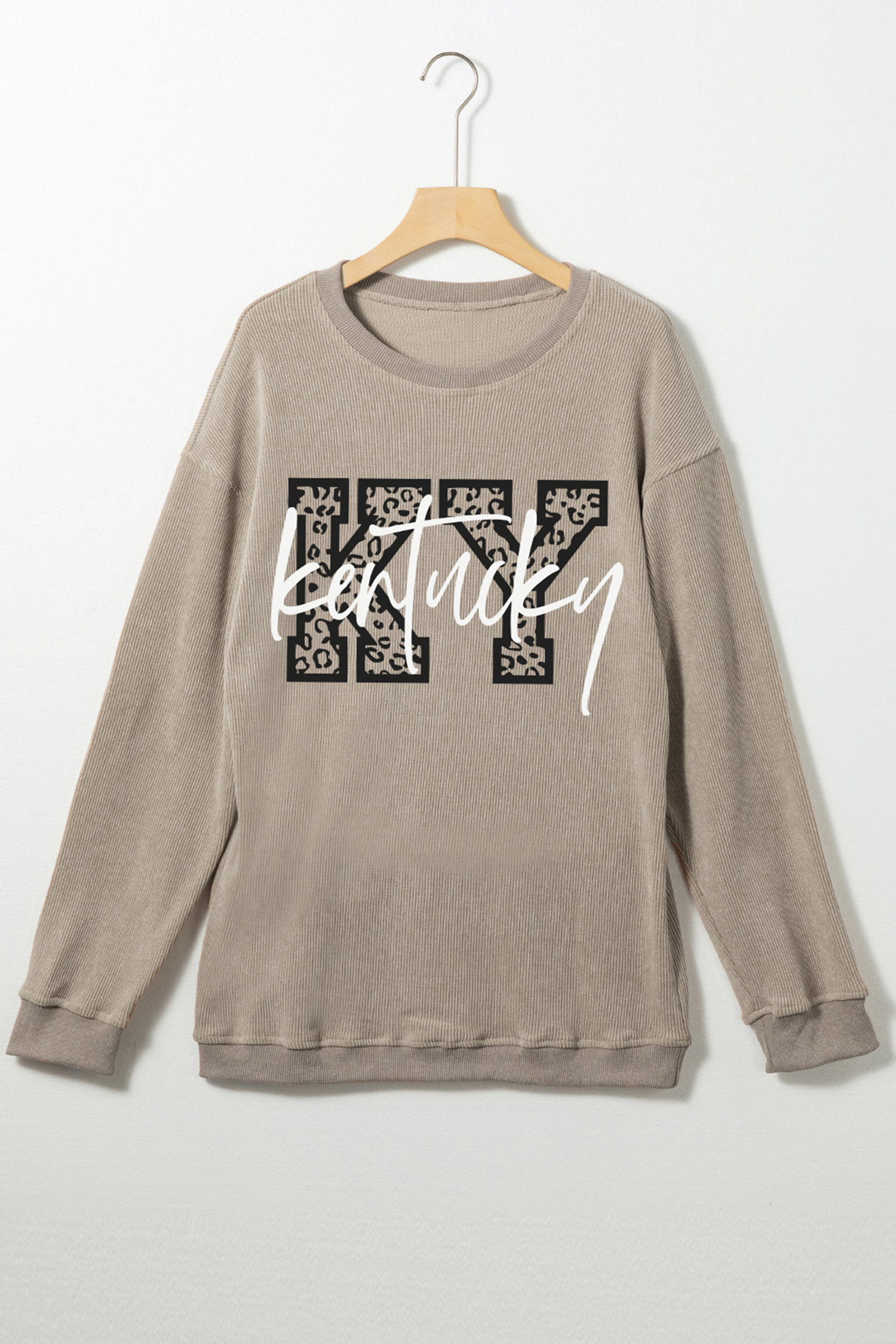 Khaki Kentucky KY Leopard Lettering Ribbed Baggy Sweatshirt