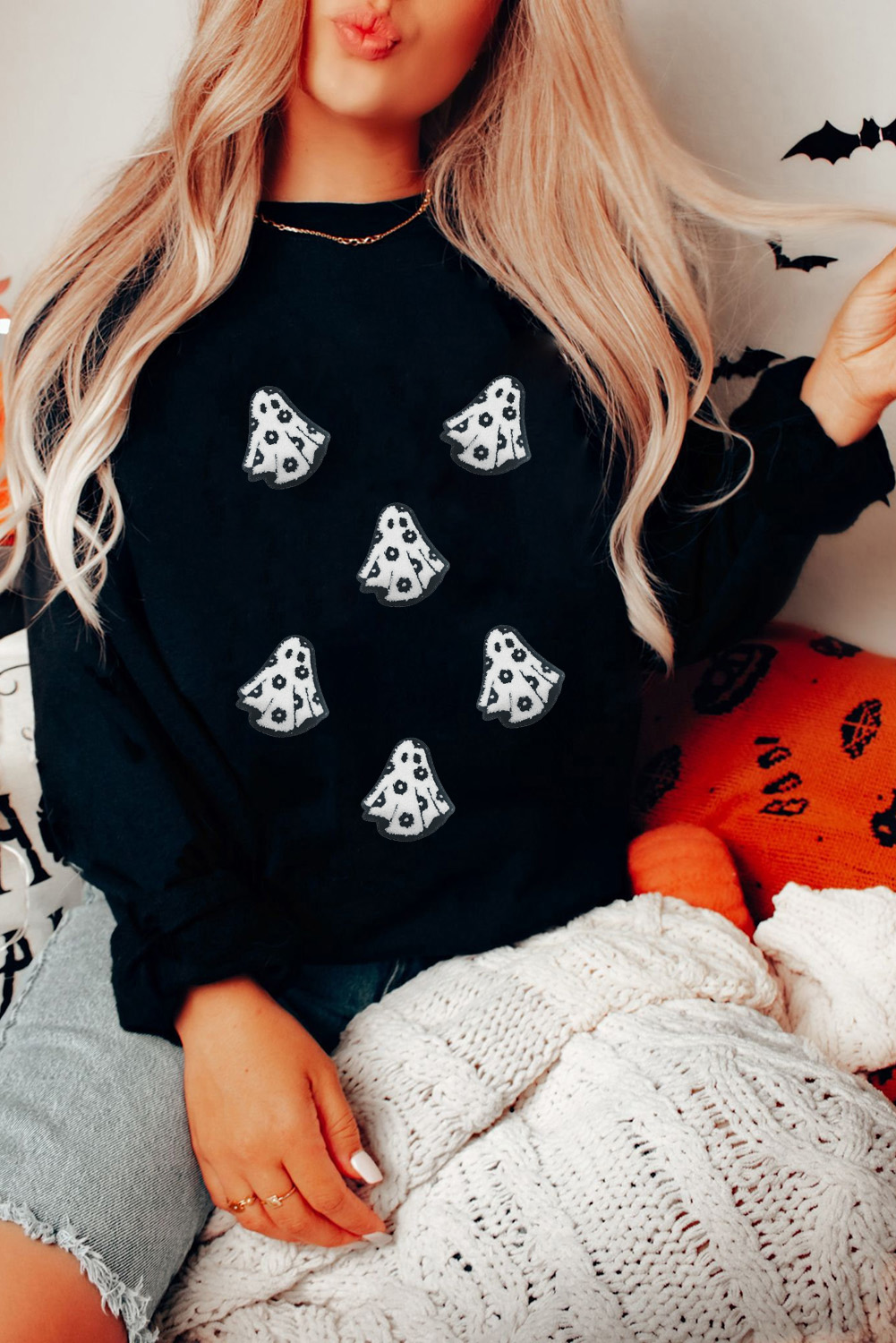 Wisteria Glitter Trim Chenille Ghost Patched Halloween Graphic Tee