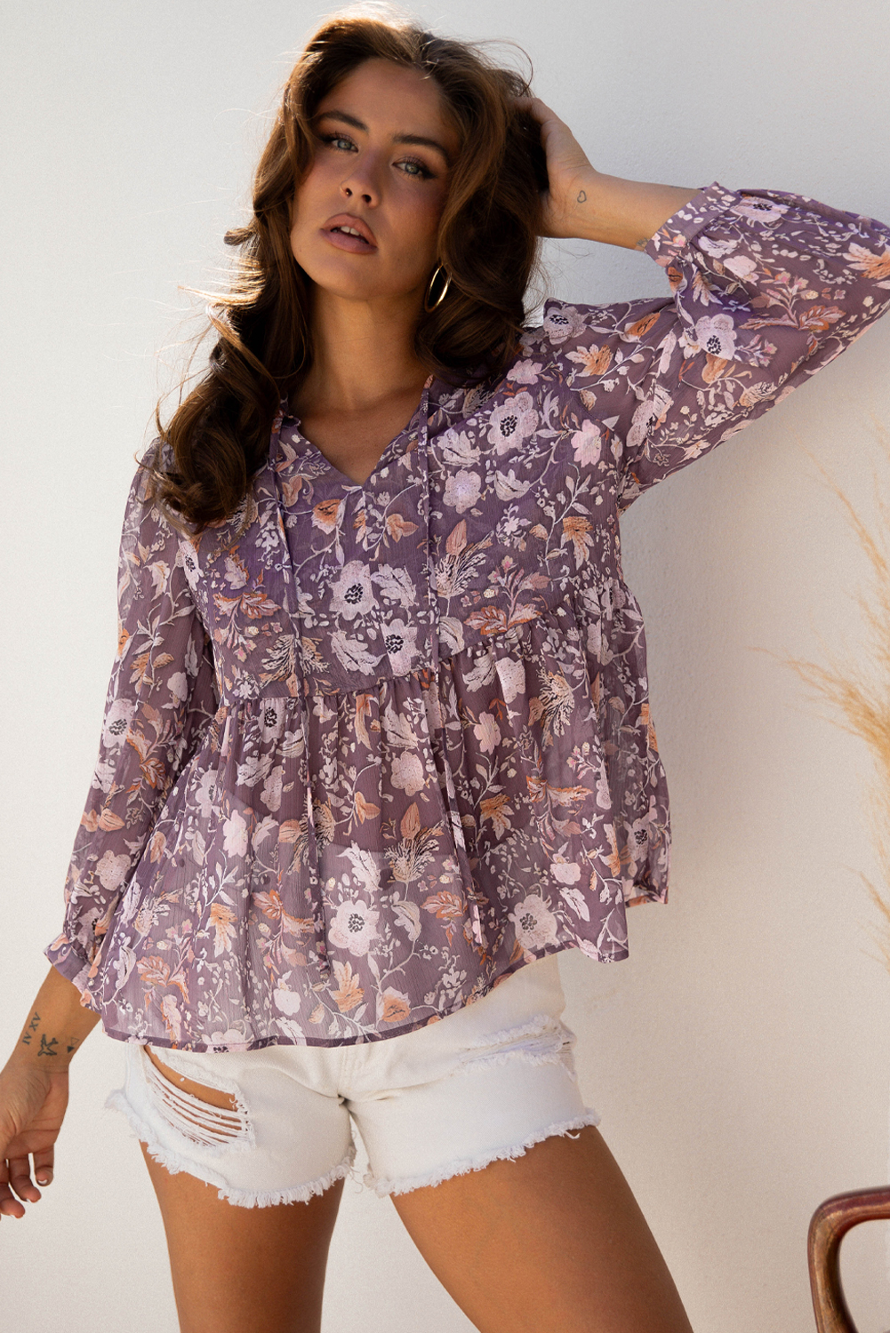 Blue Boho Flower Print 3/4 Sleeve Babydoll Blouse