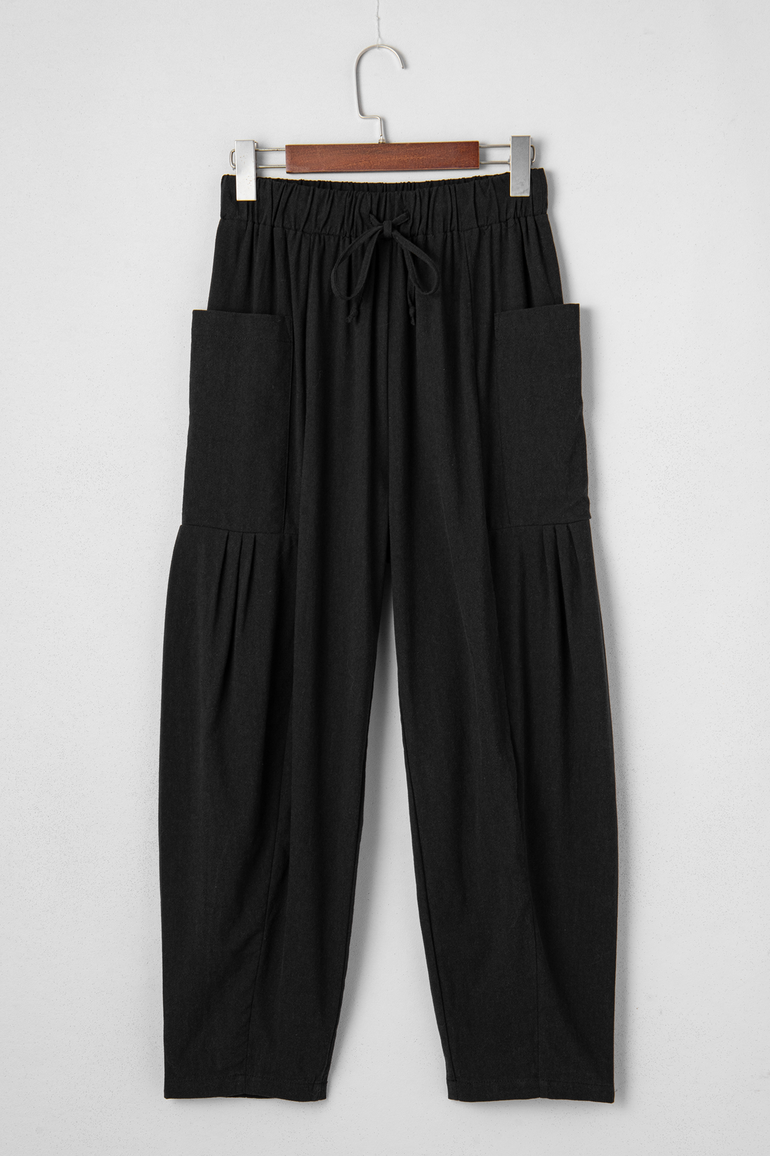 Black Drawstring Elastic Waist Patch Pocket Barrel Leg Casual Pants