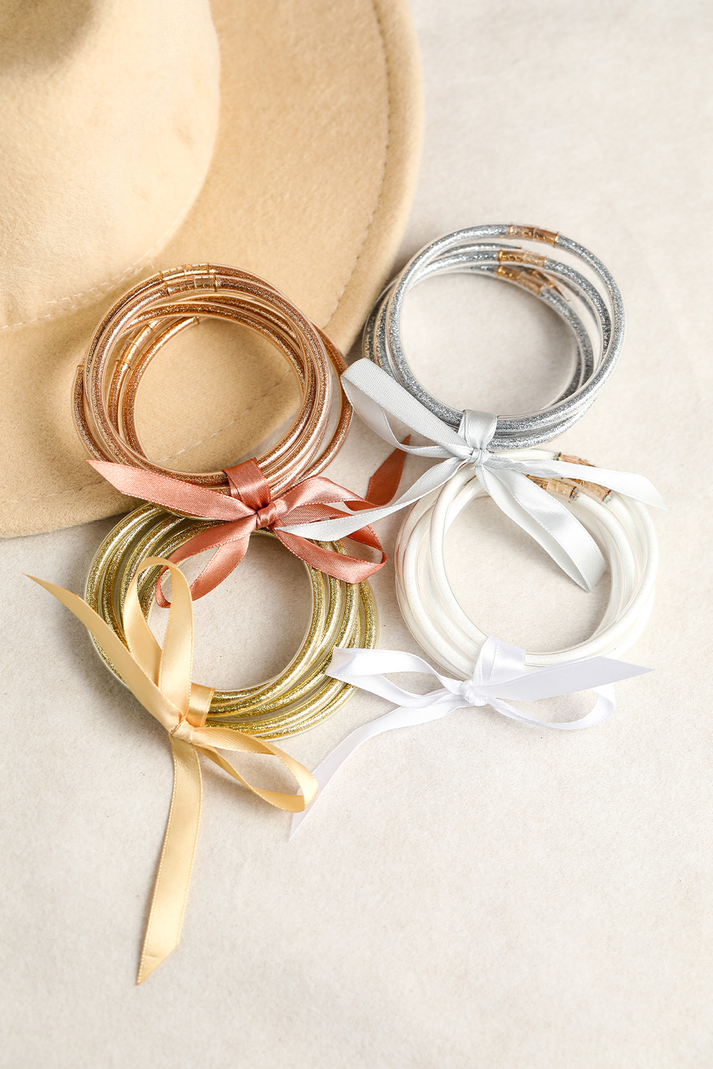 Green 5pcs Glitter Jelly Bow Knot Ribbon Bracelet Set