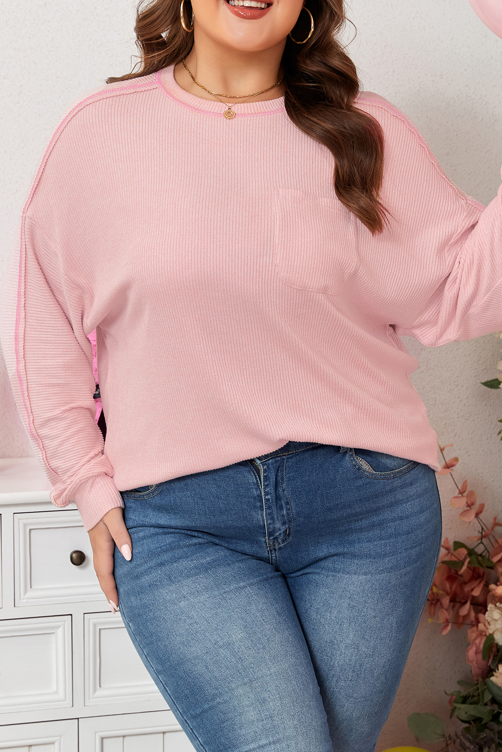 Bonbon Ribbed Exposed Seam Round Neck Chest Pocket Plus Knit Top