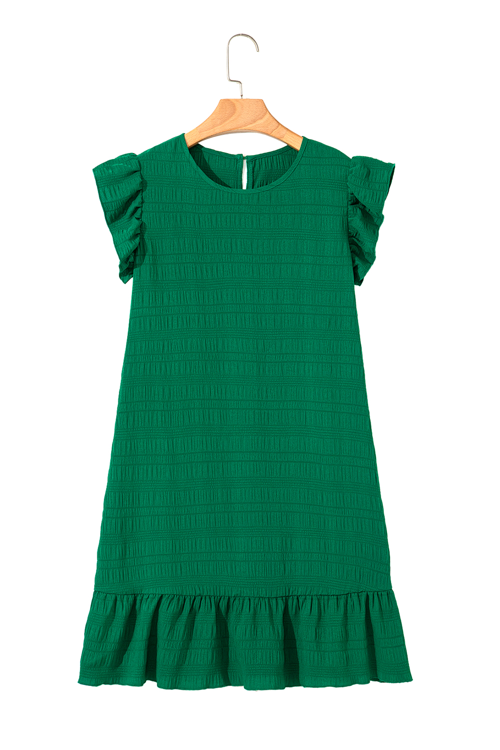 Dark Green Textured Ruffled Sleeve Round Neck Top
