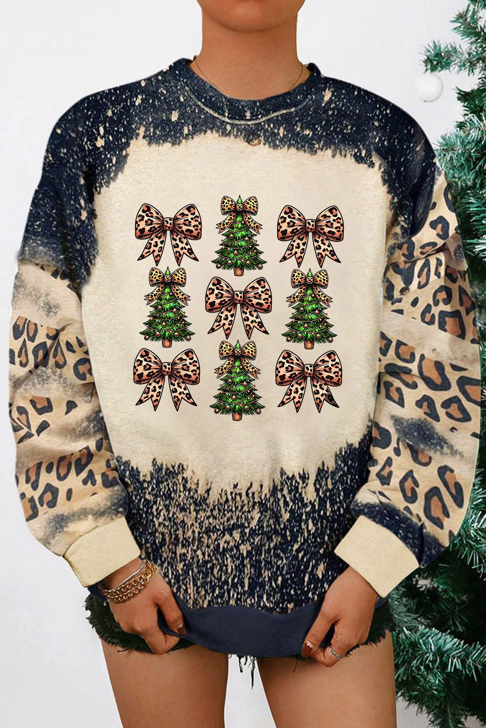 Black Leopard Bow Christmas Tree Printed Tie Dye Bleached Baggy Sweatshirt