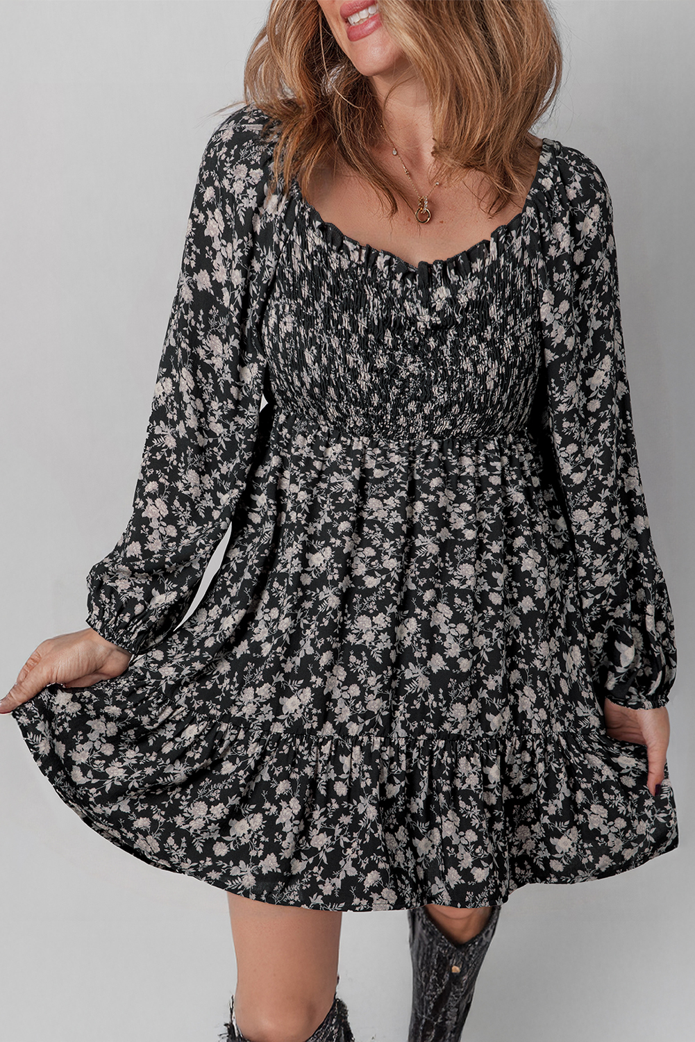 Black Floral Long Sleeve Frilly Shirred Square Neck Mini Dress