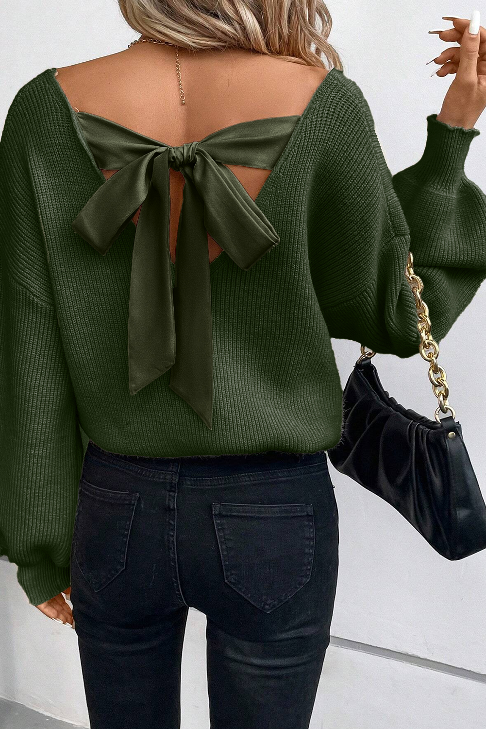 Racing Red Lantern Sleeve V Neck Knot Back Sweater